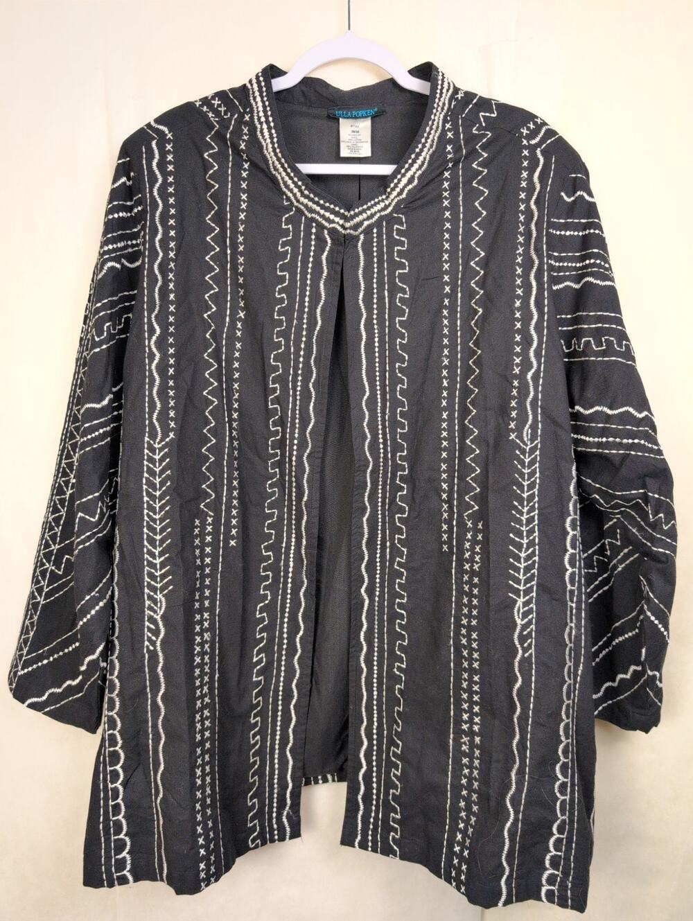 Ulla Popken black and white embroidered geometric stripe jacket 28/30 Lagenlook